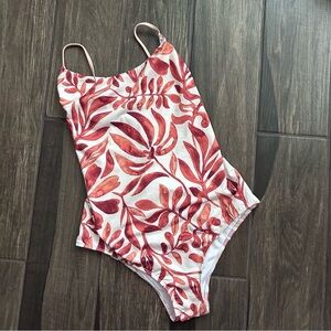 Anthropologie Seea Floral Leaf One Piece Swimsuit in Orange White Sz M